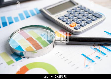 Loupe et calculatrice sur les graphiques graphiques papier. Développement financier, compte bancaire, Statistiques, investissement analyse de données économie, Bourse de négociation, Business office concept. Banque D'Images