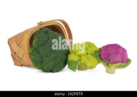 Chou-fleur et brocoli frais et colorés sur blanc Banque D'Images