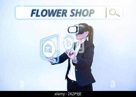 Légende du texte présentant Flower Shop. Aperçu des affaires où les fleurs coupées sont vendues avec des décorations pour cadeaux Banque D'Images