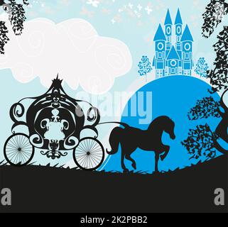 Silhouette d'une calèche et d'un château médiéval Banque D'Images