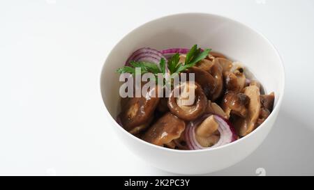 Champignons salés, Lactarius resimus, récolte d'automne. Champignons marinés marinés, oignons rouges, poivrons, ail et feuilles de Laurier. Lactarius resimus salé avec de l'huile et de l'aneth frais haché Banque D'Images