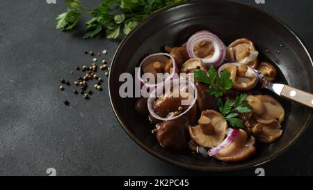 Champignons salés, Lactarius resimus, récolte d'automne. Champignons marinés marinés, oignons rouges, poivrons, ail et feuilles de Laurier. Lactarius resimus salé avec de l'huile et de l'aneth frais haché Banque D'Images