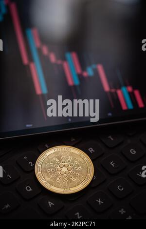 Crypto-monnaie de Cardano avec graphique en bâton de bougie, clavier d'ordinateur portable et arrière-plan numérique Banque D'Images