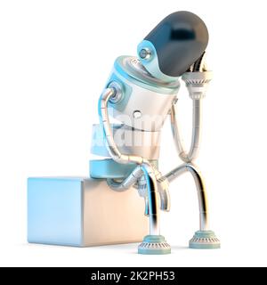 Enfoncé triste robot assis sur noir. Illustration 3D. Isolé Banque D'Images