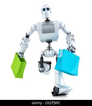 Robot fonctionnant avec un sac à provisions. Isolé. Contient un masque Banque D'Images