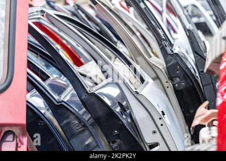 portes de voiture de différentes couleurs dans un jardin de voitures Banque D'Images