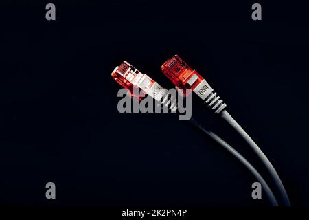 Paire de câbles réseau sur fond sombre Banque D'Images