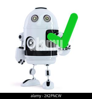 Robot mignon holding marque verte. Isolées. Contient clipping path Banque D'Images
