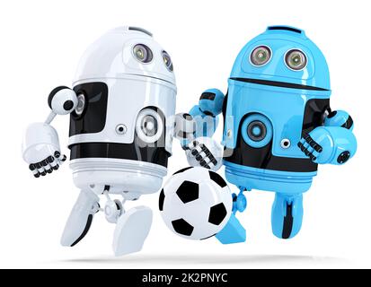 Robots jouant au football. Isolé. Contient un masque Banque D'Images