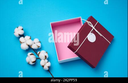 boîte en carton vide ouverte pour les cadeaux et une brindille de fleurs de coton sur fond bleu, vue du dessus Banque D'Images