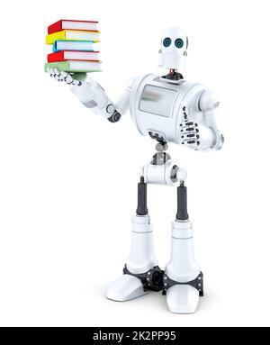 Robot avec une pile de livres. Isolé. Contient un masque Banque D'Images