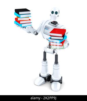Robot avec livres. Isolé. Contient un masque Banque D'Images