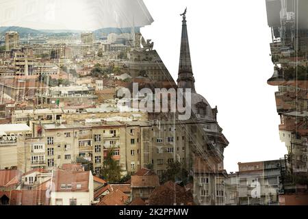 Monuments de Belgrade. Concept de double exposition Banque D'Images