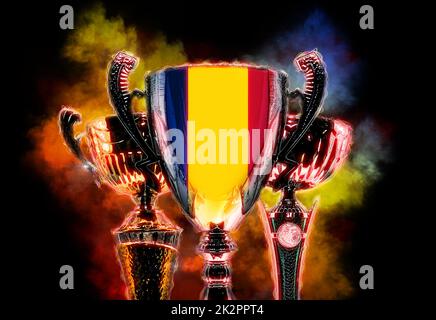 Coupe trophée texturée avec drapeau de la Roumanie. Illustration numérique Banque D'Images