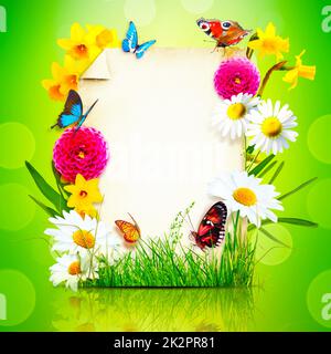 Composition des fleurs. Cadre photo, fleurs printanières sur fond parchemin. Banque D'Images