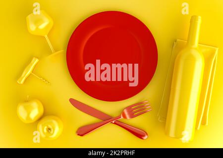 Table avec assiette rouge vide, verre et bouteille de vin. Vue de dessus. 3D illustration Banque D'Images