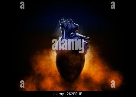 Coeur humain abstrait dans une fumée sur fond noir. 3D illustration Banque D'Images