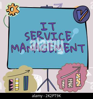 Affiche textuelle indiquant la gestion des services informatiques. Activité de présentation commerciale dirigée par politiques cycle de vie de la technologie Banque D'Images