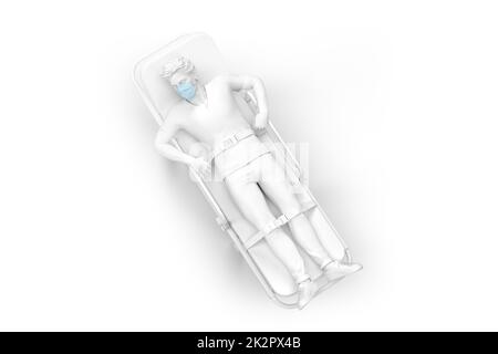 Vue du dessus d'un patient dans un masque médical sur une civière d'ambulance. Illustration 3D. Isolé sur blanc Banque D'Images