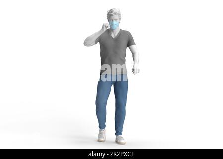 Décontracté habillé gars portant un masque de protection jetable. Illustration 3D Banque D'Images