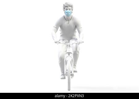 Vue avant d'un homme portant un masque médical de protection sur une bicyclette. Rendu 3D Banque D'Images