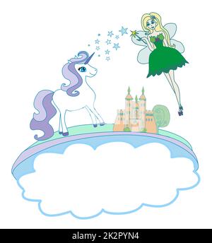 Château, fée et Licorne - doodle illustration Banque D'Images