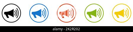 Collection de boutons ronds - icône en forme de mégaphone en cercles noir, bleu, rouge, vert et jaune Banque D'Images