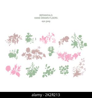 Ensemble floral pour invitation à un mariage. Fuchsia Rose Chrisanthemum et fleurs sauvages dans des tons pastel. Tiges, feuilles, fleurs sur fond blanc. Illustration vectorielle, impression, carte de vœux, logo, design de marque Banque D'Images
