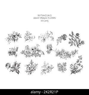 Ensemble floral pour invitation à un mariage. Fuchsia Rose Chrisanthemum et fleurs sauvages art de ligne Tiges, feuilles, fleurs noires sur fond blanc. Illustration vectorielle, impression, carte de vœux, logo, design de marque Banque D'Images