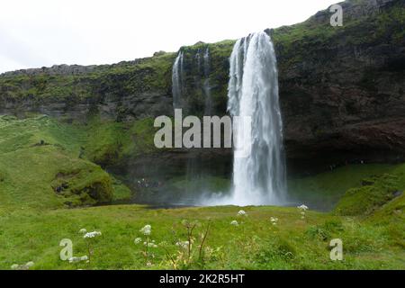 Seljalandsfoss chute en été vue, Islande Banque D'Images