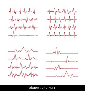 Jeu de 16 pièces Pouls cardiaque - ligne rouge courbe sur fond blanc - vecteur Banque D'Images