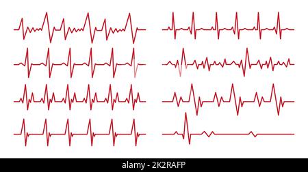 Jeu de 8 pièces Pouls cardiaque - ligne rouge courbe sur fond blanc - vecteur Banque D'Images