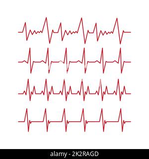 Jeu de 4 pièces Pouls cardiaque - ligne rouge courbe sur fond blanc - vecteur Banque D'Images