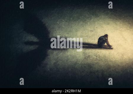 Peinture surréaliste d'un homme assis seul isolé dans une pièce sombre, jetant une ombre d'un ange gardien puissant. Métaphore de la force intérieure. La personne introvertit a trouvé un ami imaginaire Banque D'Images