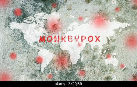 Carte du monde, la monkeypox est debout sur le fond texturé, l'épidémie du virus MPXV, la propagation de maladies infectieuses, la pandémie Banque D'Images