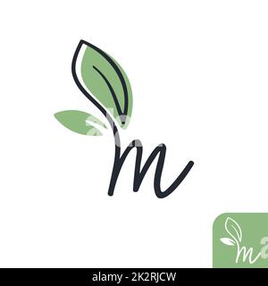 Modèle de dessin vectoriel lettre M avec logo Leaves Banque D'Images