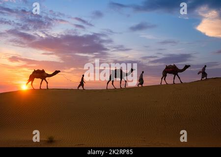 Caméléers indiens chauffeur de chameau avec silhouettes de chameau dans les dunes au coucher du soleil. Jaisalmer, Rajasthan, Inde Banque D'Images