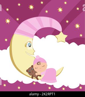 Cute little girl sleeping on moon Banque D'Images