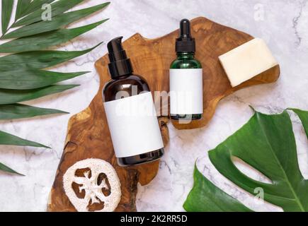 Cosmétiques naturels en bouteilles de verre sur un panneau en bois près des feuilles tropicales, maquette, vue de dessus Banque D'Images
