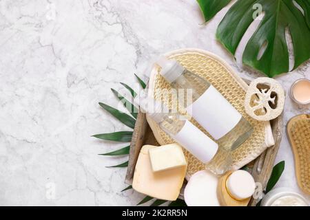 Cosmétiques et accessoires naturels de soin de la peau et des cheveux près de Monstera feuilles, maquette Banque D'Images