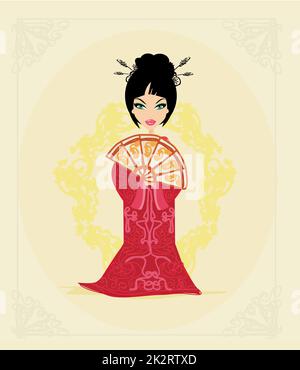 Belle geisha avec un ventilateur - Carte Banque D'Images
