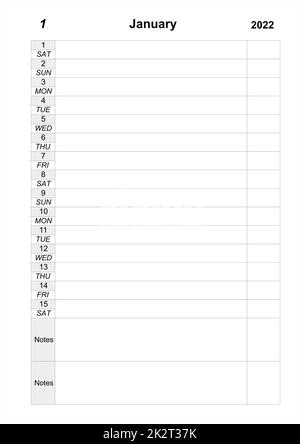 Calendrier mensuel. Planificateur quotidien. Modèle de calendrier pour janvier 2022. Banque D'Images
