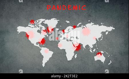 La carte du monde, la pandémie se tient sur le fond texturé, l'épidémie du virus Covid-19 et de la monkeypox, la propagation de maladies infectieuses Banque D'Images