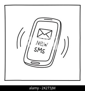 Doodle NOUVELLE icône SMS téléphone mobile main dessinée avec une ligne mince Banque D'Images