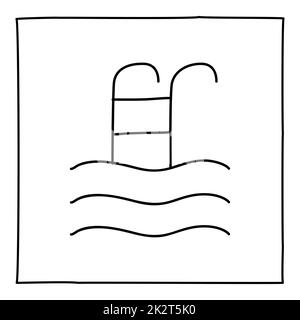 L'icône de l'échelle de la piscine Doodle est dessinée à la main avec du noir fin ligne Banque D'Images