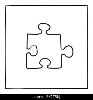 Icône ou logo de puzzle Doodle, dessiné à la main avec une fine ligne noire. Banque D'Images