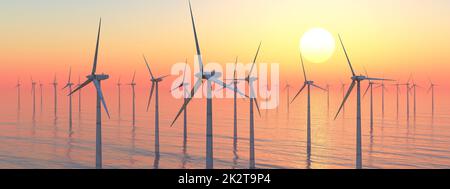 Éoliennes offshore au coucher du soleil Banque D'Images