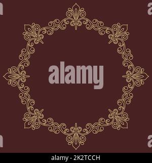 Cadre rond doré oriental avec éléments arabesques et floraux. Bordure fleurie avec motif vintage. Carte de vœux avec emplacement pour le texte Banque D'Images