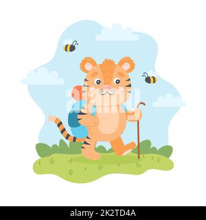Randonnée tigre avec sac à dos dans la nature. Caractère d'été, activités en plein air. Jolie illustration vectorielle de saison dans un style de dessin animé plat Illustration de Vecteur