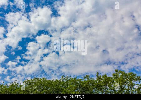 Ciel bleu avec des nuages chimiques cheminées le jour ensoleillé de l'Allemagne. Banque D'Images